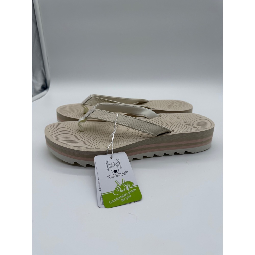 KUAILU‎ Women Creamy White Platform Flip Flops Sandals KW568 US 10 NEW